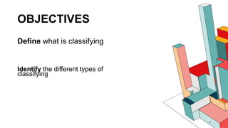 OBJECTIVES
4
Define what is classifying
Identify the different types of
classifying
 
