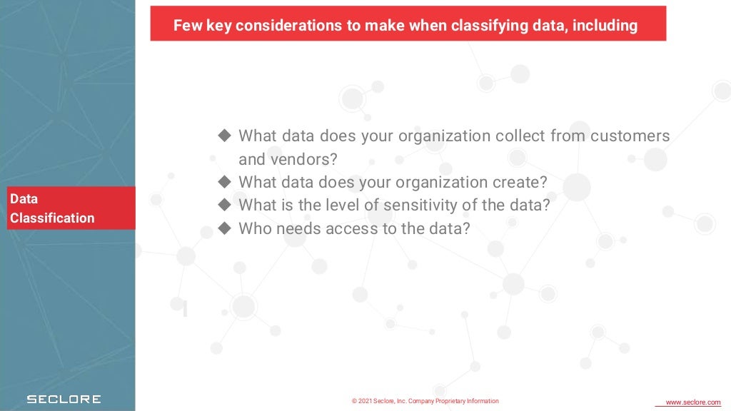 © 2021 Seclore, Inc. Company Proprietary Information www.seclore.com
Data
Classification
◆ What data does your organization collect from customers
and vendors?
◆ What data does your organization create?
◆ What is the level of sensitivity of the data?
◆ Who needs access to the data?
Few key considerations to make when classifying data, including
 