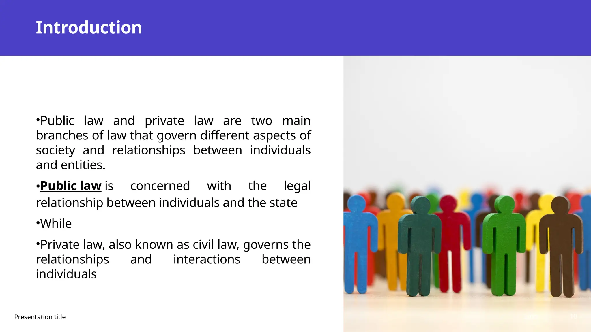 Introduction
•Public law and private law are two main
branches of law that govern different aspects of
society and relationships between individuals
and entities.
•Public law is concerned with the legal
relationship between individuals and the state
•While
•Private law, also known as civil law, governs the
relationships and interactions between
individuals
Presentation title 20XX 10
 