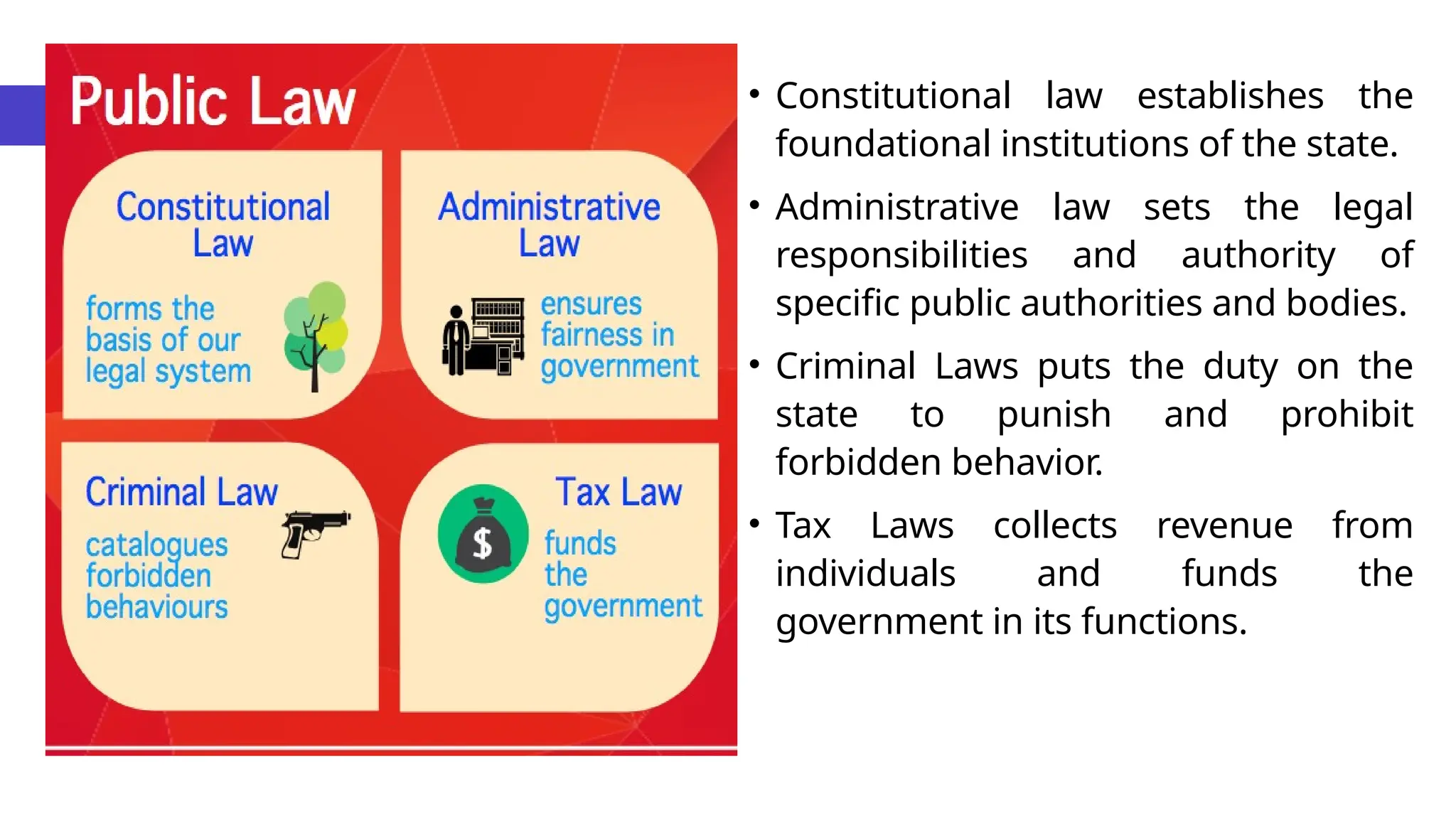 • Constitutional law establishes the
foundational institutions of the state.
• Administrative law sets the legal
responsibilities and authority of
specific public authorities and bodies.
• Criminal Laws puts the duty on the
state to punish and prohibit
forbidden behavior.
• Tax Laws collects revenue from
individuals and funds the
government in its functions.
 