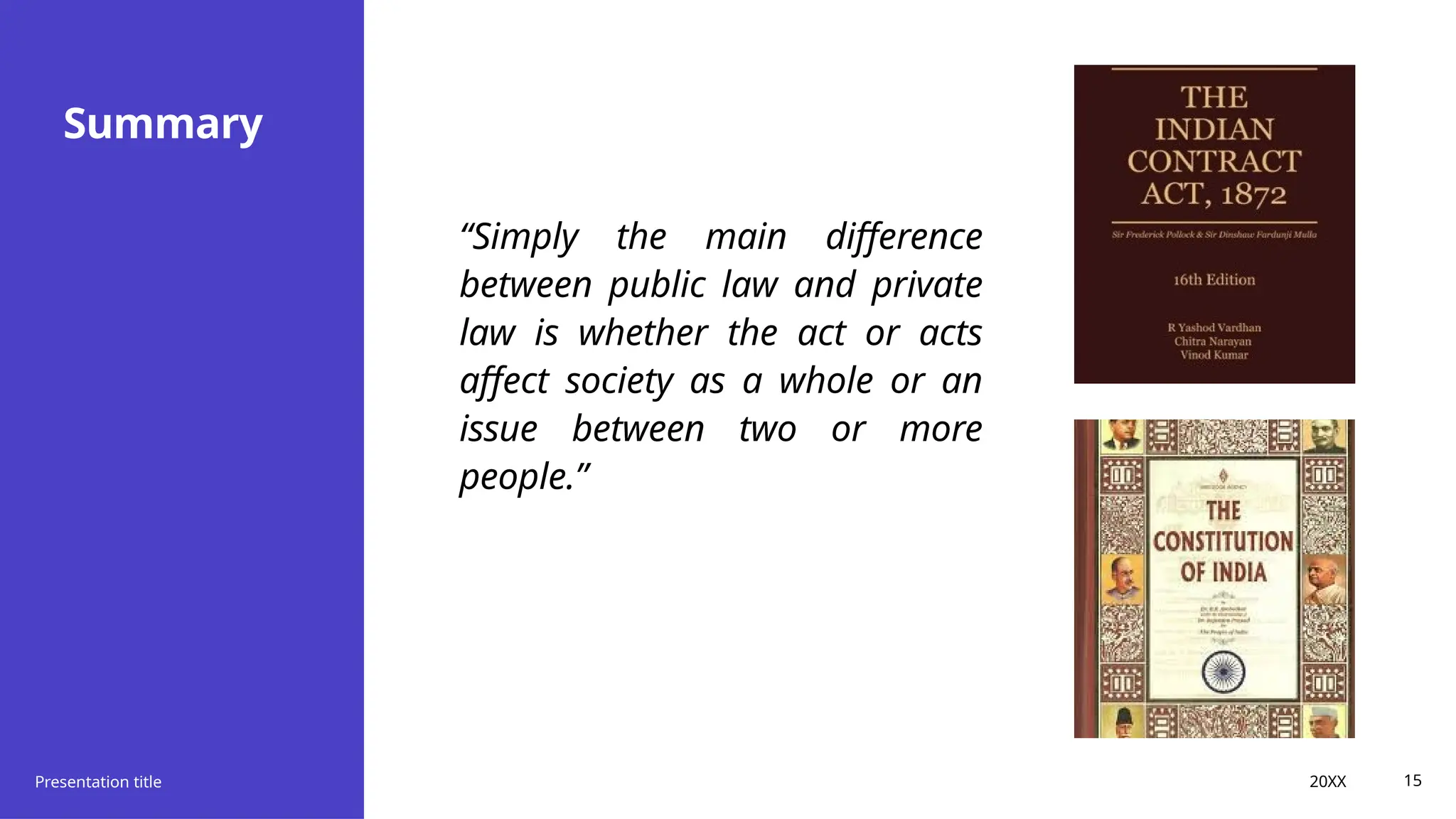 Summary
“Simply the main difference
between public law and private
law is whether the act or acts
affect society as a whole or an
issue between two or more
people.”
Presentation title 20XX 15
 
