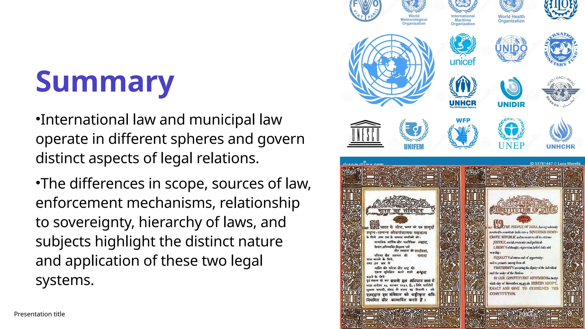 Summary
•International law and municipal law
operate in different spheres and govern
distinct aspects of legal relations.
•The differences in scope, sources of law,
enforcement mechanisms, relationship
to sovereignty, hierarchy of laws, and
subjects highlight the distinct nature
and application of these two legal
systems.
Presentation title 20XX 8
 