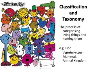 Classification
and
Taxonomy
The process of
categorising
living things and
naming them
e.g. Lion
Panthera leo –
Mammal,
Animal Kingdom
 