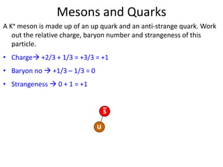 Mesons and Quarks
A K+ meson is made up of an up quark and an anti-strange quark. Work
   out the relative charge, baryon number and strangeness of this
   particle.
• Charge +2/3 + 1/3 = +3/3 = +1
• Baryon no  +1/3 – 1/3 = 0
• Strangeness  0 + 1 = +1


                                   s
                               u
 