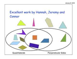 January 21, 2010




Excellent work by Hannah, Jeremy and
Connor




 Quadrilaterals         Perpendicular Sides
 