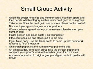 Small Group Activity
• Given the poster headings and number cards, cut them apart, and
then decide which category each number card goes in as a group.
• Take turns- Does the card go in one or more places on the poster?
• Discuss if you agree/disagree to your partners
• When you have agreed, write your reasons/explanations on your
number card.
• If card goes in one place paste it on your poster.
• If the card goes in >one place, put it to the side.
• If you finish early, use the blank cards to come up with number &
reasons to fit on the poster.
• On scratch paper, list the numbers you put to the side.
• An ambassador, from each group take the scratch paper and
compare your group’s work with another group for 5 minutes
• Ambassadors return to original group and glue cards to poster with
group.
 