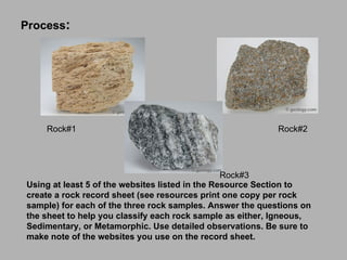 Process :   Using at least 5 of the websites listed in the Resource Section to create a rock record sheet (see resources print one copy per rock sample) for each of the three rock samples. Answer the questions on the sheet to help you classify each rock sample as either, Igneous, Sedimentary, or Metamorphic. Use detailed observations. Be sure to make note of the websites you use on the record sheet. Rock#1 Rock#3 Rock#2 
