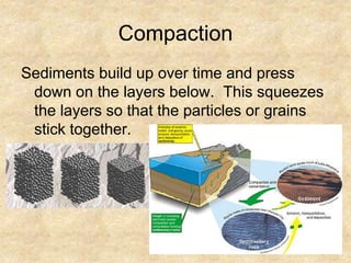 Compaction
Sediments build up over time and press
down on the layers below. This squeezes
the layers so that the particles or grains
stick together.
 