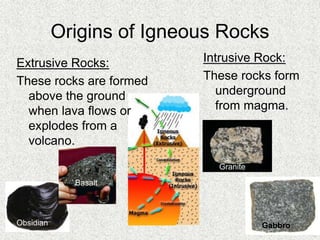 Origins of Igneous Rocks
Extrusive Rocks:
These rocks are formed
above the ground
when lava flows or
explodes from a
volcano.
Intrusive Rock:
These rocks form
underground
from magma.
Obsidian
Basalt
Granite
Gabbro
 