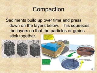Compaction
Sediments build up over time and press
down on the layers below. This squeezes
the layers so that the particles or grains
stick together.
 