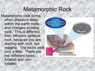 Metamorphic Rock
Metamorphic rock forms
when pressure deep
within the earth melts
and changes existing
rock. This is different
than intrusive igneous
rock, because you are
starting with rock, not
magma. The rocks melt
only a little. There are
two different types:
foliated and non-
foliated.
 
