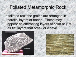 Foliated Metamorphic Rock
In foliated rock the grains are arranged in
parallel layers or bands. These may
appear as alternating layers of color or just
as flat layers that break or cleave.
Gneiss
Muscovite Mica Schist
 