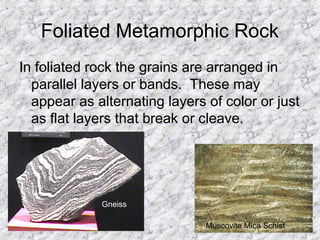Foliated Metamorphic Rock
In foliated rock the grains are arranged in
parallel layers or bands. These may
appear as alternating layers of color or just
as flat layers that break or cleave.
Gneiss
Muscovite Mica Schist
 