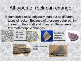 All types of rock can change
Metamorphic rocks originally start out as different
types of rocks. Because of pressure deep within
the earth, they melt and change. Below are a
few metamorphic changes.
Granite
becomes
Gneiss
Sandstone
becomes
Quartzite
Shale becomes
Slate
 