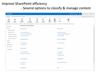 Improve SharePoint efficiency
- Several options to classify & manage content
 