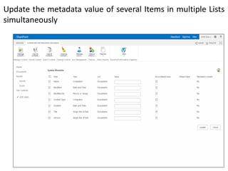 Update the metadata value of several Items in multiple Lists
simultaneously
 