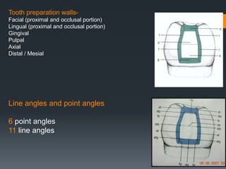 5
Line angles and point angles
6 point angles
11 line angles
Tooth preparation walls-
Facial (proximal and occlusal portion)
Lingual (proximal and occlusal portion)
Gingival
Pulpal
Axial
Distal / Mesial
 