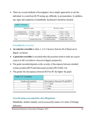 Mohammed Almuzian, University of Glasgow, 2013 12
 There are several methods of investigation but a simple approachis to ask the
individual to count from 60-70 noting any difficulty in pronunciation. In addition,
any signs and symptoms of mandibular dysfunction should be checked.
Crossbite (2.c, 3.c, 4.c)
 An anterior crossbite is when 1, 2 or 3 incisors (but not all of them) are in
lingual occlusion.
 A posteriorcrossbite is recorded when the posterior tooth or teeth are cusp to
cusp or in full crossbitein a buccal or lingual perspective.
 The grade recorded depends on the severity of discrepancybetween retruded
contact position (RCP) and intercuspal position (IP) (Table 3.4).
 The greater the discrepancy between RCP an IP, the higher the grade
Growth status assessmentfor class III patients
Mandibular skeletal maturity can be assessed by means of a series of biologic
indicators:
 