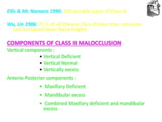VT’s
Ellis & Mc Namara 1996: 243 possible types of Class III
Wu, Lin 1986: 75 % of all Chinese Class III have max. retrusion
and increased lower facial heights.
COMPONENTS OF CLASS III MALOCCLUSION
Vertical components :
• Vertical Deficient
• Vertical Normal
• Vertically excess
Anterio-Posterior components :
• Maxillary Deficient
• Mandibular excess
• Combined Maxillary deficient and mandibular
excess
 