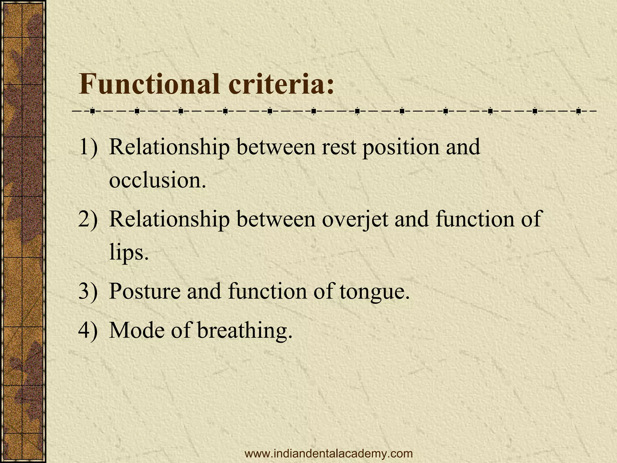 Functional criteria:
1) Relationship between rest position and
occlusion.
2) Relationship between overjet and function of
lips.
3) Posture and function of tongue.
4) Mode of breathing.

www.indiandentalacademy.com

 