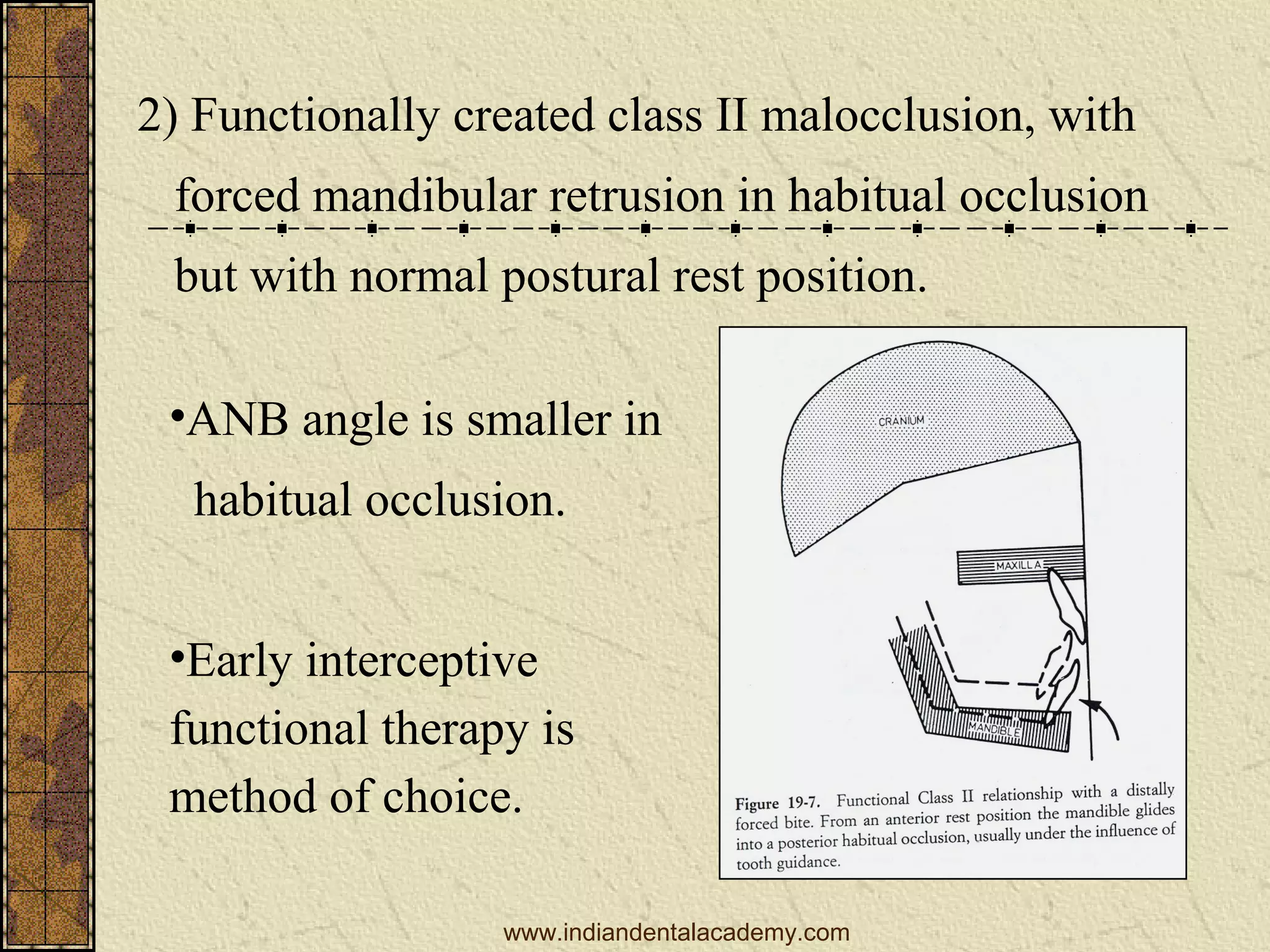 2) Functionally created class II malocclusion, with
forced mandibular retrusion in habitual occlusion
but with normal postural rest position.
•ANB angle is smaller in
habitual occlusion.
•Early interceptive
functional therapy is
method of choice.
www.indiandentalacademy.com

 