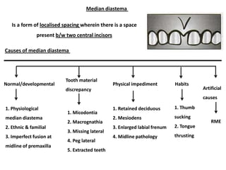 Median diastema
Is a form of localised spacing wherein there is a space
present b/w two central incisors
Causes of median diastema
Normal/developmental
1. Physiological
median diastema
2. Ethnic & familial
3. Imperfect fusion at
midline of premaxilla
Tooth material
discrepancy
1. Micodontia
2. Macrognathia
3. Missing lateral
4. Peg lateral
5. Extracted teeth
Physical impediment
1. Retained deciduous
2. Mesiodens
3. Enlarged labial frenum
4. Midline pathology
Habits
1. Thumb
sucking
2. Tongue
thrusting
Artificial
causes
RME
 