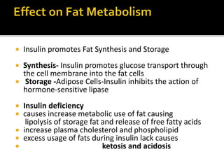 Insulin promotes Fat Synthesis and Storage
Synthesis- Insulin promotes glucose transport through
the cell membrane into the fat cells
Storage -Adipose Cells-Insulin inhibits the action of
hormone-sensitive lipase
Insulin deficiency
causes increase metabolic use of fat causing
lipolysis of storage fat and release of free fatty acids
increase plasma cholesterol and phospholipid
excess usage of fats during insulin lack causes
ketosis and acidosis
 