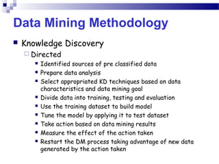 Data Mining Methodology
 Knowledge Discovery
 Directed
 Identified sources of pre classified data
 Prepare data analysis
 Select appropriated KD techniques based on data
characteristics and data mining goal
 Divide data into training, testing and evaluation
 Use the training dataset to build model
 Tune the model by applying it to test dataset
 Take action based on data mining results
 Measure the effect of the action taken
 Restart the DM process taking advantage of new data
generated by the action taken
 