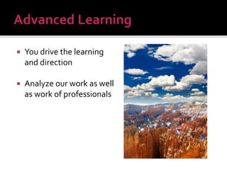  You drive the learning
and direction
 Analyze our work as well
as work of professionals
 