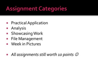  PracticalApplication
 Analysis
 ShowcasingWork
 File Management
 Week in Pictures
 All assignments still worth 10 points 
 