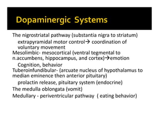 The nigrostriatal pathway (substantia nigra to striatum)
extrapyramidal motor control coordination of
voluntary movement
Mesolimbic- mesocortical (ventral tegmental to
n.accumbens, hippocampus, and cortex)emotion
Cognition, behavior
Tuberoinfundibular- (arcuate nucleus of hypothalamus to
median eminence then anterior pituitary)
prolactin release, pituitary system (endocrine)
The medulla oblongata (vomit)
Medullary - periventricular pathway ( eating behavior)
 
