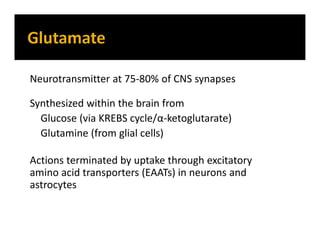 Neurotransmitter at 75-80% of CNS synapses
Synthesized within the brain from
Glucose (via KREBS cycle/α-ketoglutarate)
Glutamine (from glial cells)
Actions terminated by uptake through excitatory
amino acid transporters (EAATs) in neurons and
astrocytes
 