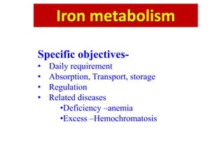 Iron metabolism
Specific objectives-
• Daily requirement
• Absorption, Transport, storage
• Regulation
• Related diseases
•Deficiency –anemia
•Excess –Hemochromatosis
 