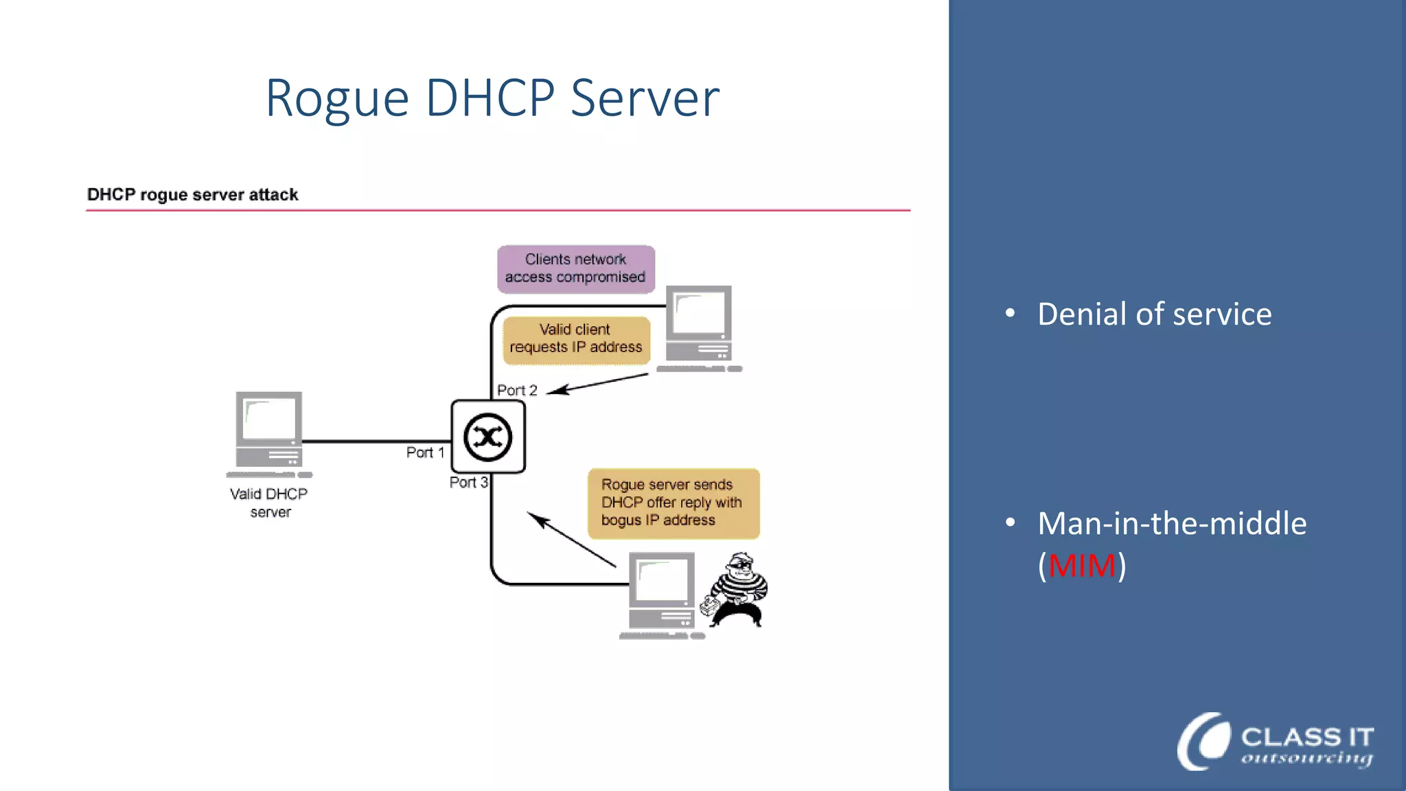 Rogue DHCP Server

• Denial of service

• Man-in-the-middle
(MIM)

 