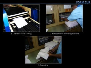 1. Laminate foam + lining 2. Put foam into moulding machine
3. Trimming
 