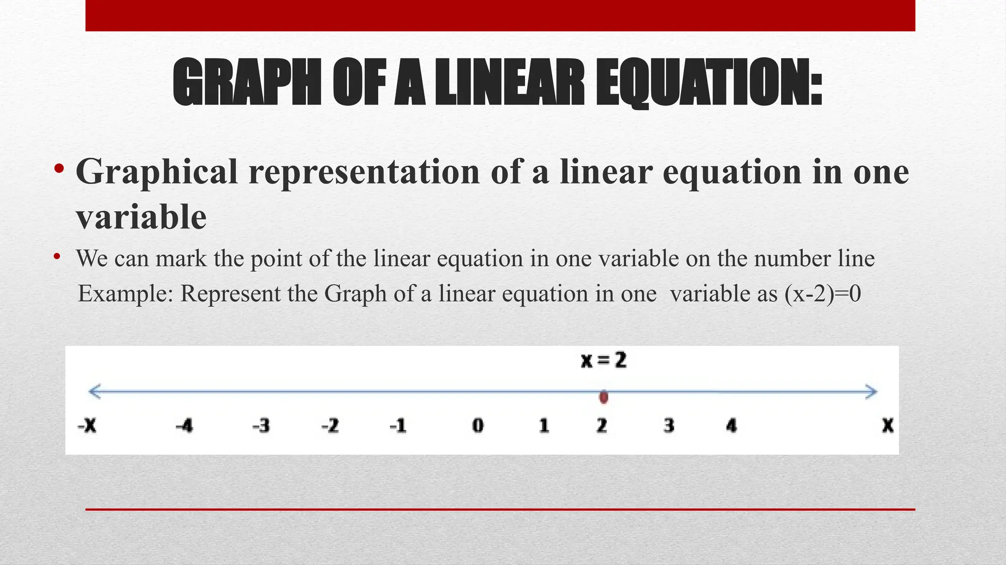 GRAPH OF A LINEAR EQUATION:
• Graphical representation of a linear equation in one
variable
• We can mark the point of the linear equation in one variable on the number line
Example: Represent the Graph of a linear equation in one variable as (x-2)=0
 