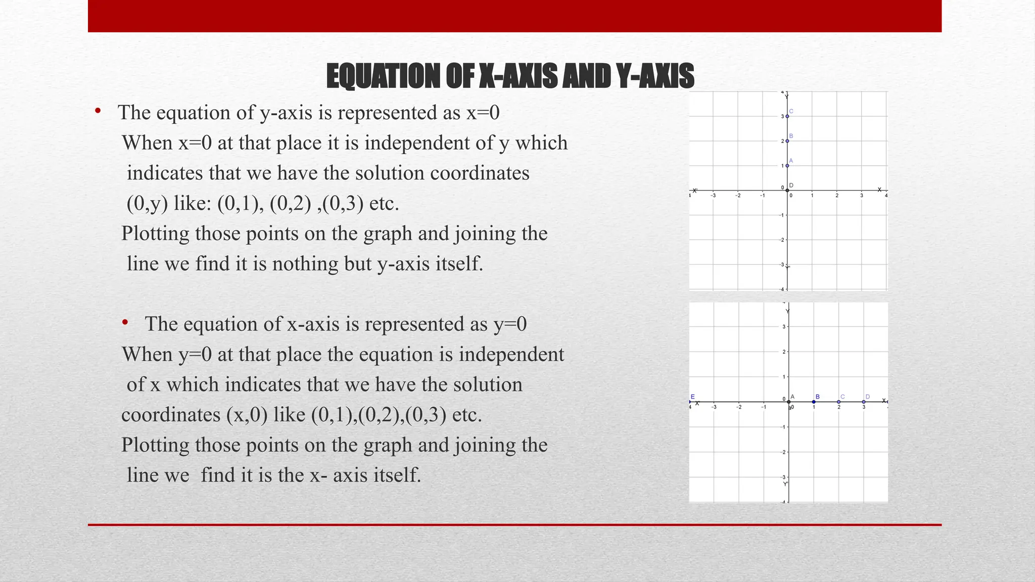 EQUATION OF X-AXIS AND Y-AXIS
• The equation of y-axis is represented as x=0
When x=0 at that place it is independent of y which
indicates that we have the solution coordinates
(0,y) like: (0,1), (0,2) ,(0,3) etc.
Plotting those points on the graph and joining the
line we find it is nothing but y-axis itself.
• The equation of x-axis is represented as y=0
When y=0 at that place the equation is independent
of x which indicates that we have the solution
coordinates (x,0) like (0,1),(0,2),(0,3) etc.
Plotting those points on the graph and joining the
line we find it is the x- axis itself.
 