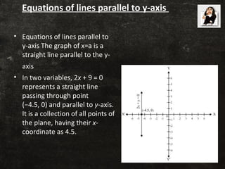 Equations of lines parallel to y-axis
• Equations of lines parallel to
y-axis The graph of x=a is a
straight line parallel to the y-
axis
• In two variables, 2x + 9 = 0
represents a straight line
passing through point
(−4.5, 0) and parallel to y-axis.
It is a collection of all points of
the plane, having their x-
coordinate as 4.5.
 