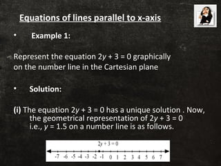 • Example 1:
Represent the equation 2y + 3 = 0 graphically
on the number line in the Cartesian plane
• Solution:
(i) The e...