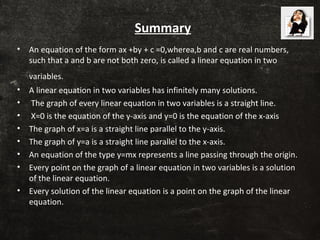 Summary
• An equation of the form ax +by + c =0,wherea,b and c are real numbers,
such that a and b are not both zero, is c...
