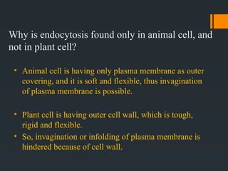 Why is endocytosis found only in animal cell, and
not in plant cell?
• Animal cell is having only plasma membrane as outer
covering, and it is soft and flexible, thus invagination
of plasma membrane is possible.
• Plant cell is having outer cell wall, which is tough,
rigid and flexible.
• So, invagination or infolding of plasma membrane is
hindered because of cell wall.
 