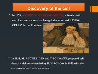 Discovery of the cell
 In 1670, ANTONY VON LEEUWENHOEK, a Dutch cloth
merchant and an amateur lens grinder, observed ‘LIVING
CELLS’ for the first time.
 In 1838, M. J. SCHLEIDEN and T. SCHWANN, proposed cell
theory which was extended by R. VIRCHOW in 1855 with the
statement- Omnis cellula e cellula.
 