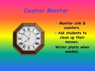 Counter Monitor
 Monitor sink &
counters.
 Ask students to
clean up their
messes.
 Water plants when
needed.
 