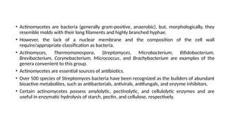 • Actinomycetes are bacteria (generally gram-positive, anaerobic), but, morphologically, they
resemble molds with their long filaments and highly branched hyphae.
• However, the lack of a nuclear membrane and the composition of the cell wall
require/appropriate classification as bacteria.
• Actinomyces, Thermomonospora, Streptomyces, Microbacterium, Bifidobacterium,
Brevibacterium, Corynebacterium, Micrococcus, and Brachybacterium are examples of the
genera convenient to this group.
• Actinomycetes are essential sources of antibiotics.
• Over 500 species of Streptomyces bacteria have been recognized as the builders of abundant
bioactive metabolites, such as antibacterials, antivirals, antifungals, and enzyme inhibitors.
• Certain actinomycetes possess amylolytic, pectinolytic, and cellulolytic enzymes and are
useful in enzymatic hydrolysis of starch, pectin, and cellulose, respectively.
 