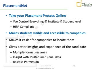 PlacementNet

 • Take your Placement Process Online
    – You Control Everything @ Institute & Student level
    – HIPA Compliant
 • Makes students visible and accessible to companies
 • Makes it easier for companies to locate them
 • Gives better insights and experience of the candidate
    – Multiple-format resumes
    – Insight with Multi-dimensional data
    – Release Permission
                              www.classle.net          61
                       © Classle Knowledge Pvt. Ltd.
 