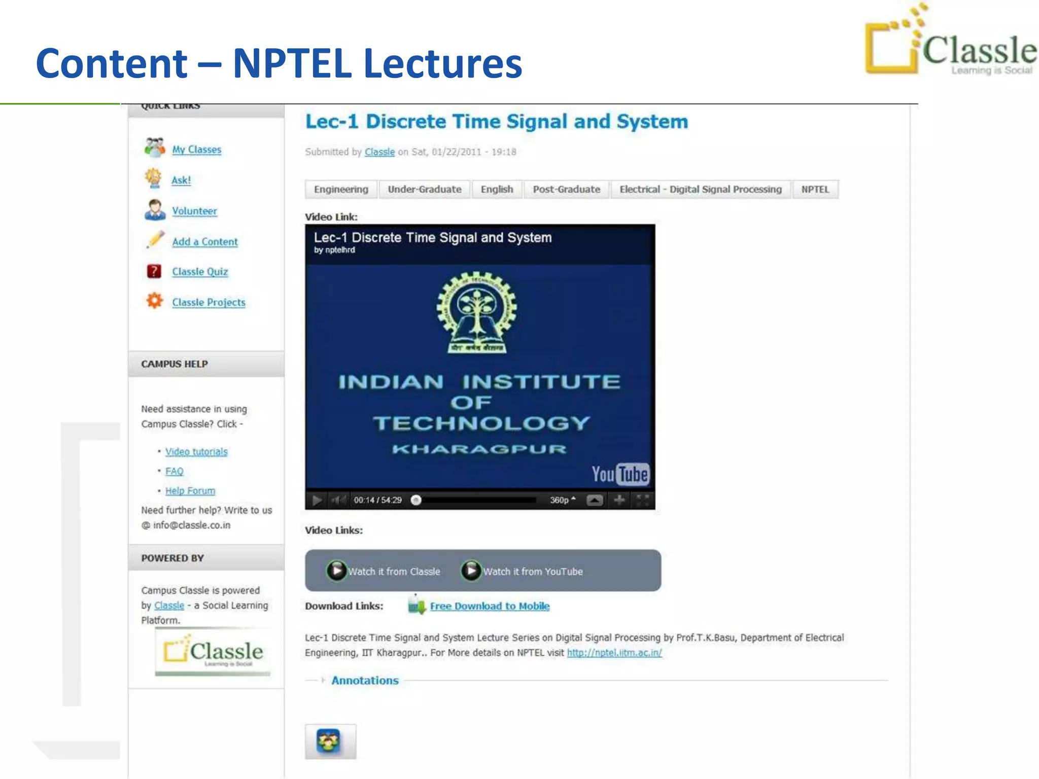 Content – NPTEL Lectures




                  © Classle Knowledge Pvt. Ltd.
 