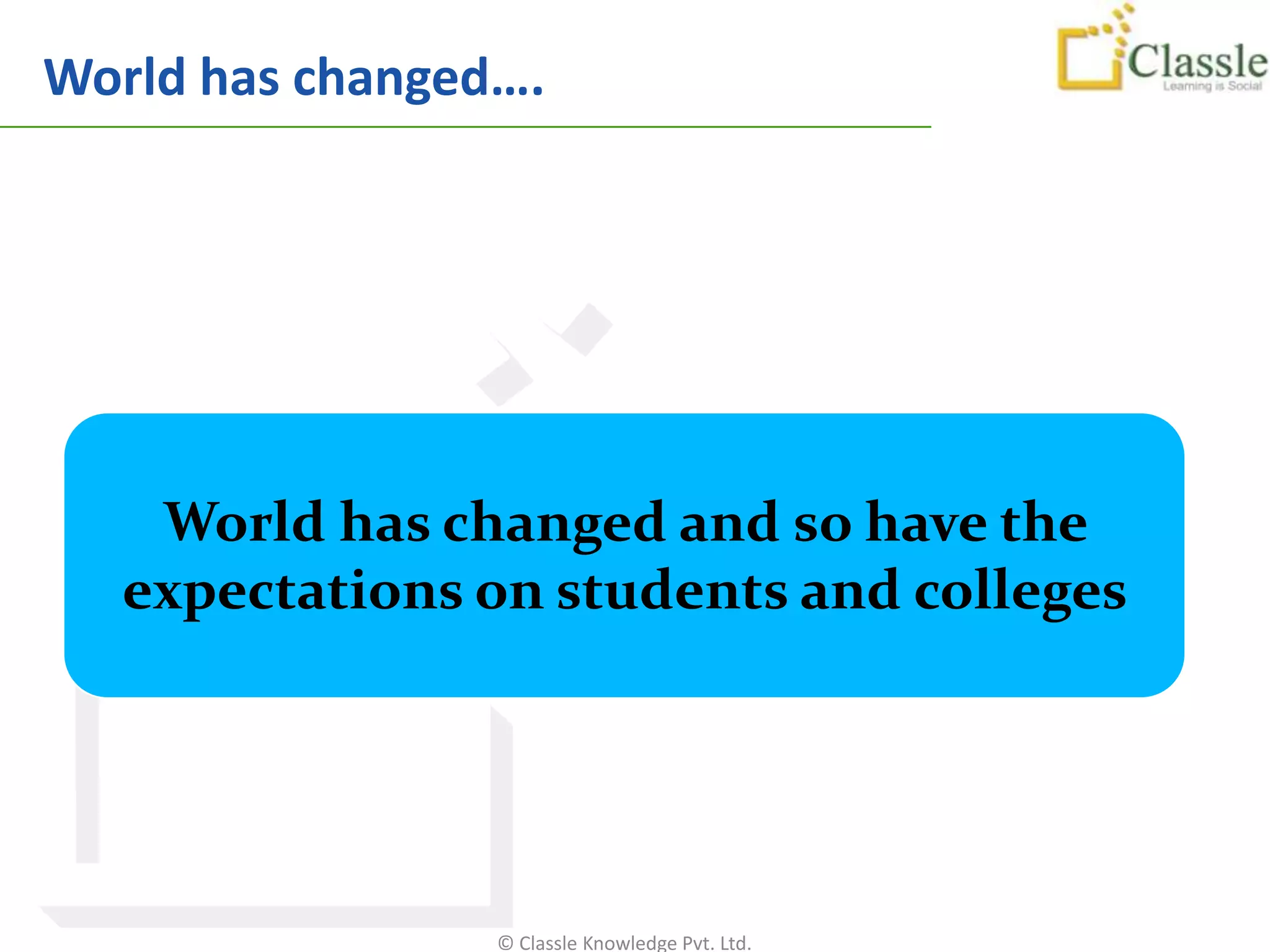 World has changed….




   World has changed and so have the
  expectations on students and colleges




                 © Classle Knowledge Pvt. Ltd.
 