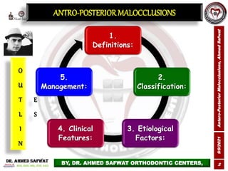9/9/2021
Antero-Posterior
Malocclusions,
Ahmed
Safwat
2
1.
Definitions:
2.
Classification:
3. Etiological
Factors:
4. Clin...