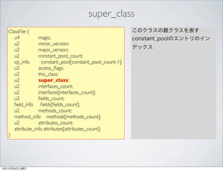 super_class
   ClassFile {                                              このクラスの親クラスを表す
      u4          magic;                                    constant_poolのエントリのイン
      u2          minor_version;
      u2          major_version;                            デックス
      u2          constant_pool_count;
      cp_info       constant_pool[constant_pool_count-1];
      u2          access_ﬂags;
      u2          this_class;
      u2          super_class;
      u2          interfaces_count;
      u2          interfaces[interfaces_count];
      u2          ﬁelds_count;
      ﬁeld_info ﬁelds[ﬁelds_count];
      u2          methods_count;
      method_info methods[methods_count];
      u2          attributes_count;
      attribute_info attributes[attributes_count];
   }




12年12月29日土曜日
 