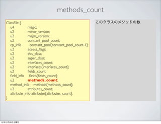 methods_count
   ClassFile {                                              このクラスのメソッドの数
      u4          magic;
      u2          minor_version;
      u2          major_version;
      u2          constant_pool_count;
      cp_info       constant_pool[constant_pool_count-1];
      u2          access_ﬂags;
      u2          this_class;
      u2          super_class;
      u2          interfaces_count;
      u2          interfaces[interfaces_count];
      u2          ﬁelds_count;
      ﬁeld_info ﬁelds[ﬁelds_count];
      u2          methods_count;
      method_info methods[methods_count];
      u2          attributes_count;
      attribute_info attributes[attributes_count];
   }




12年12月29日土曜日
 